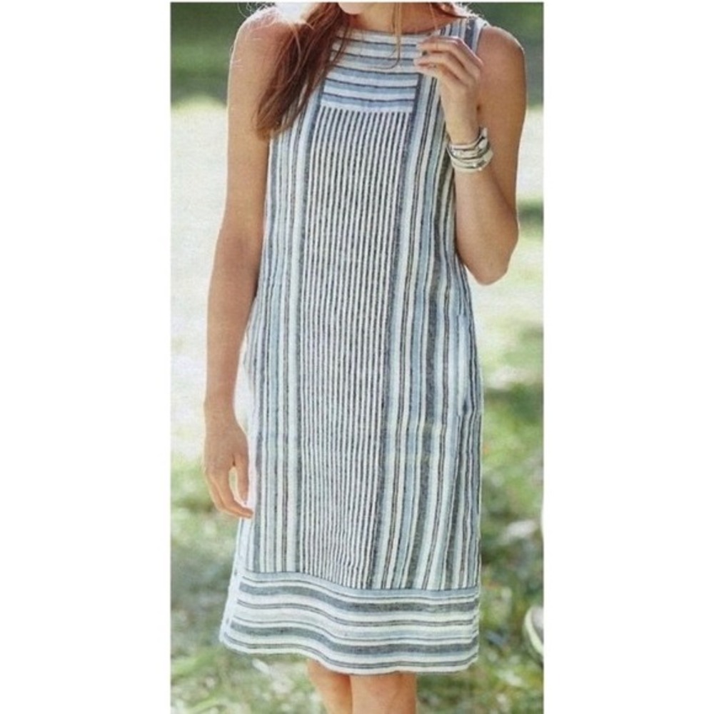 J Jill Love Linen Dress Women XS Blue White Striped Linen Shift Preppy Lagenlook